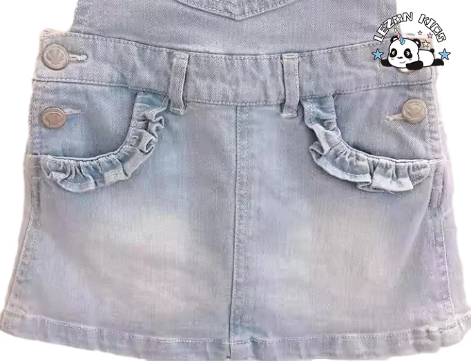 LEZONKIDS - Vestido Denim com Alças Personalizado com Logotipo, Babados e Unicórnio Bordado Colorido para Meninas